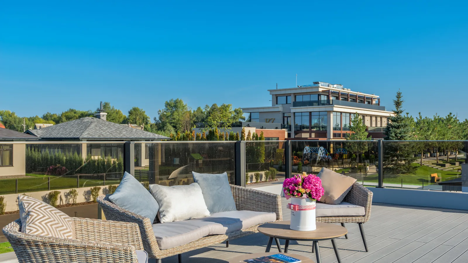 A furnished terrace under a clear sky